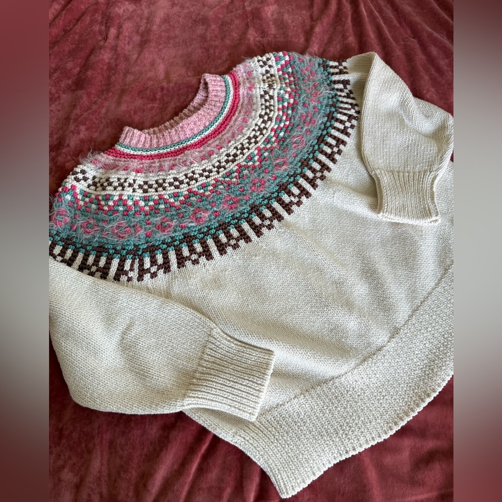 Weekend MaxMara Cream Pink Teal Fair Isle Patterned Sweater- No size (likely M)